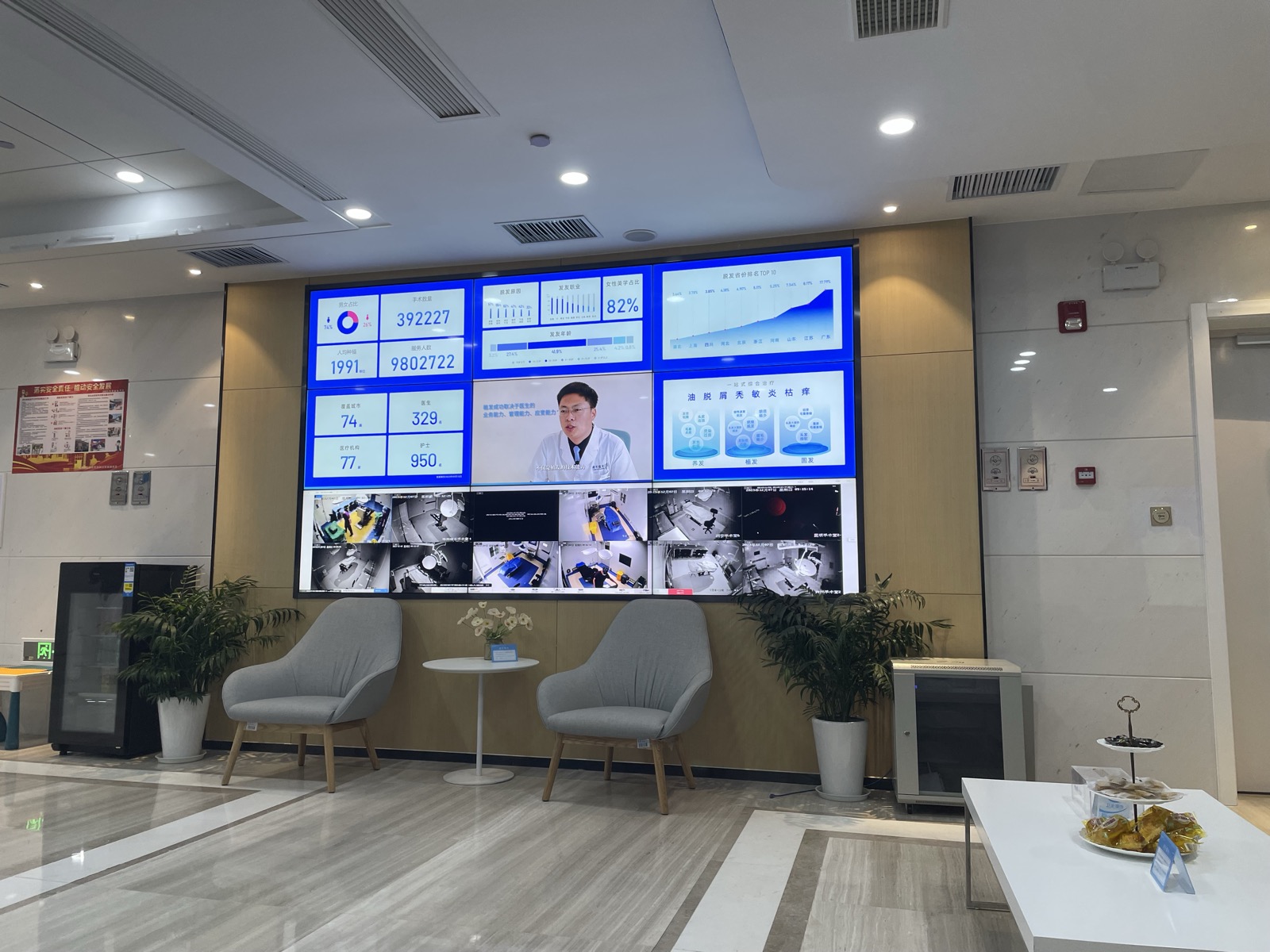 雍禾医療集団のロビー・統計モニター（広角）