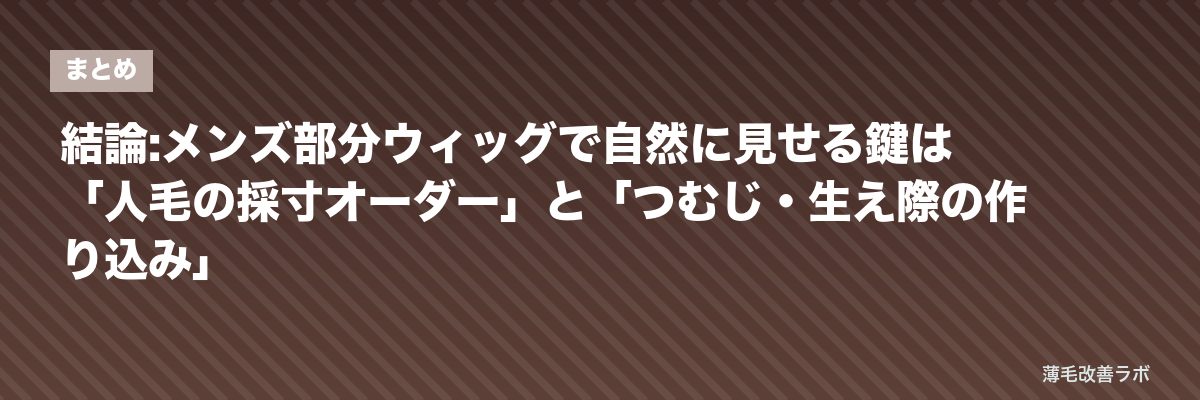 結論:メンズ部分ウィッグで自然に見せる鍵は「人毛の採寸オーダー」と「つむじ・生え際の作り込み」 | 薄毛改善ラボ