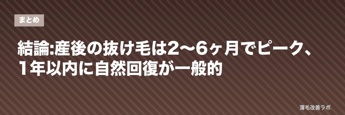 結論:産後の抜け毛は2〜6ヶ月でピーク、1年以内に自然回復が一般的 | 薄毛改善ラボ