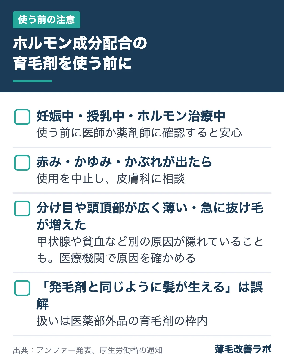 ホルモン成分配合の育毛剤を使う前に（使う前の注意の図解）