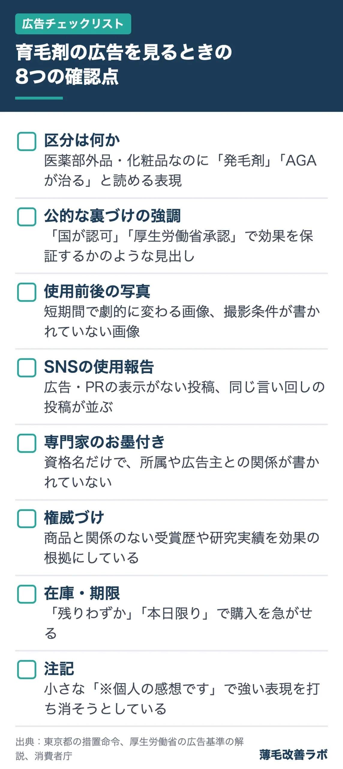 育毛剤の広告を見るときの8つの確認点（広告チェックリストの図解）